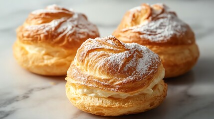 Vanilla choux cream puffs with delicate powdered sugar topping, placed on a marble countertop with soft lighting for a sophisticated look, choux cream, elegant pastry concept
