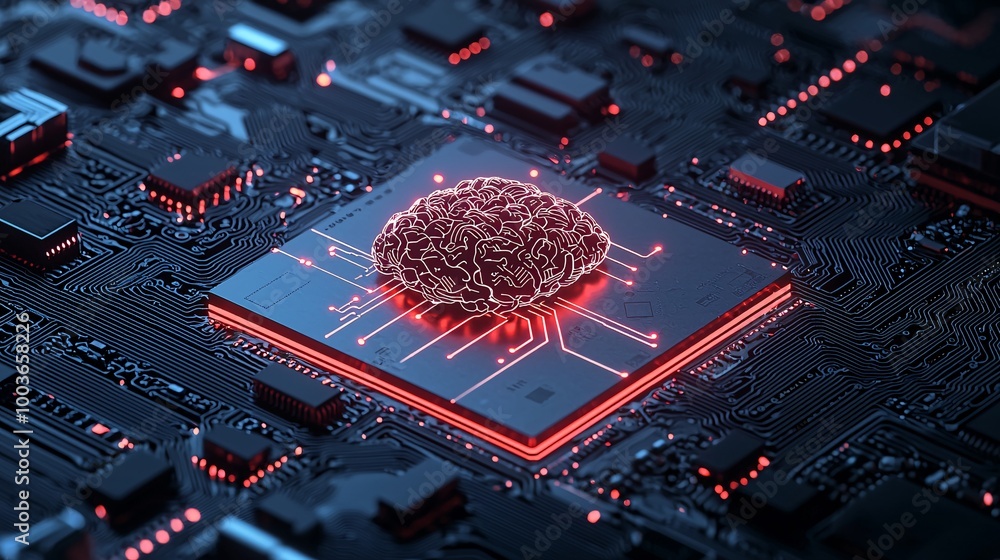 Poster a glowing circuit board with an ai-powered brain at its center, symbolizing the core of intelligent 
