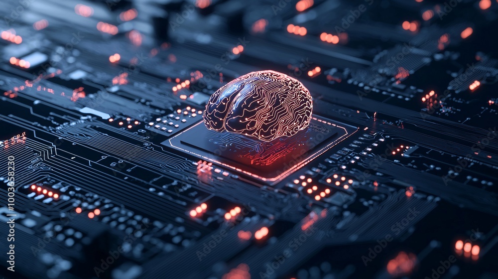 Poster a glowing circuit board with an ai-powered brain at its center, symbolizing the core of intelligent 