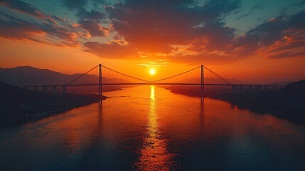 Obraz premium sunset over a bridge with red and orange sky