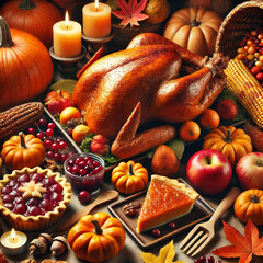 Grand and Elegant Thanksgiving Dinner Setting with Autumn-Themed Decor