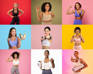A group of women participates in diverse fitness activities against colorful backgrounds, highlighting their enthusiasm for health and wellness through smiles and dynamic poses.