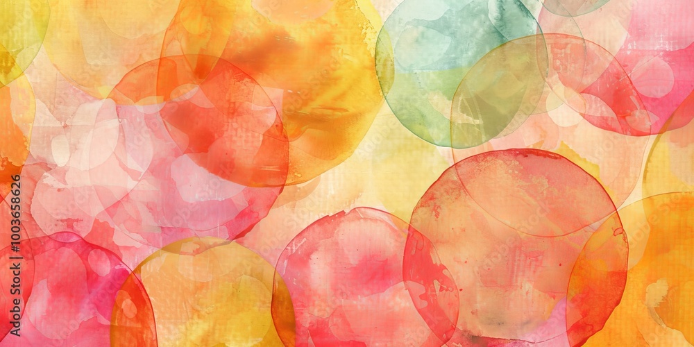 Poster A lively abstract watercolor background featuring colorful overlapping circles in warm and cool tones, perfect for creative projects and designs.
