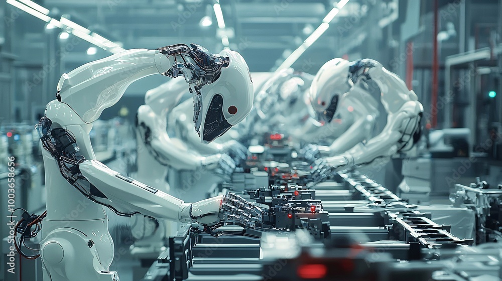 Poster a futuristic ai-powered factory with robotic arms building complex machinery, symbolizing automation