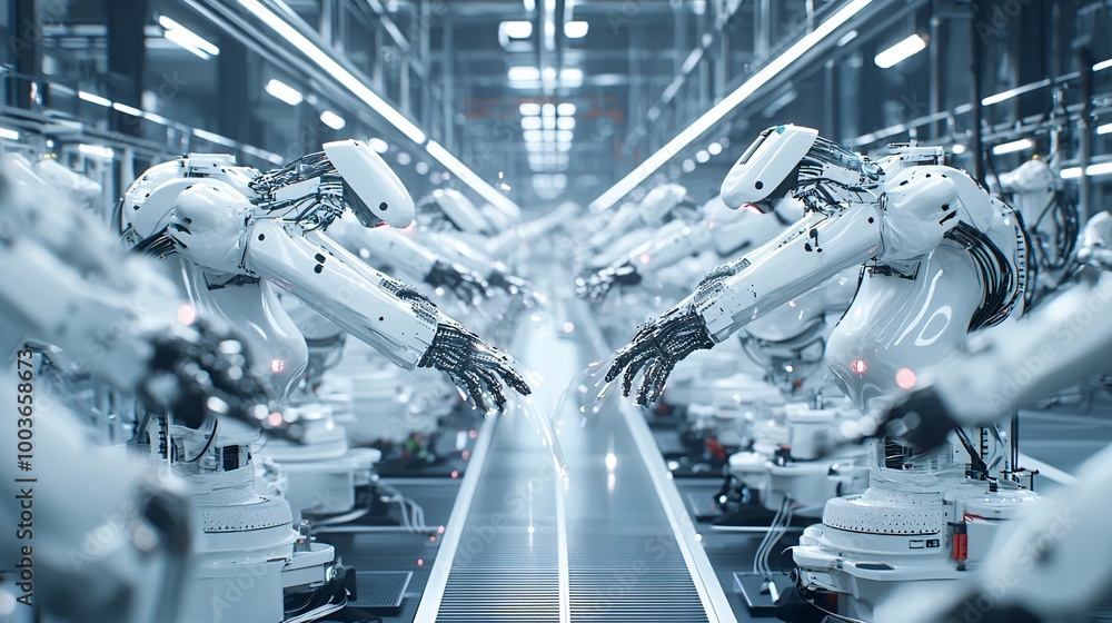 Poster a futuristic ai-powered factory with robotic arms building complex machinery, symbolizing automation