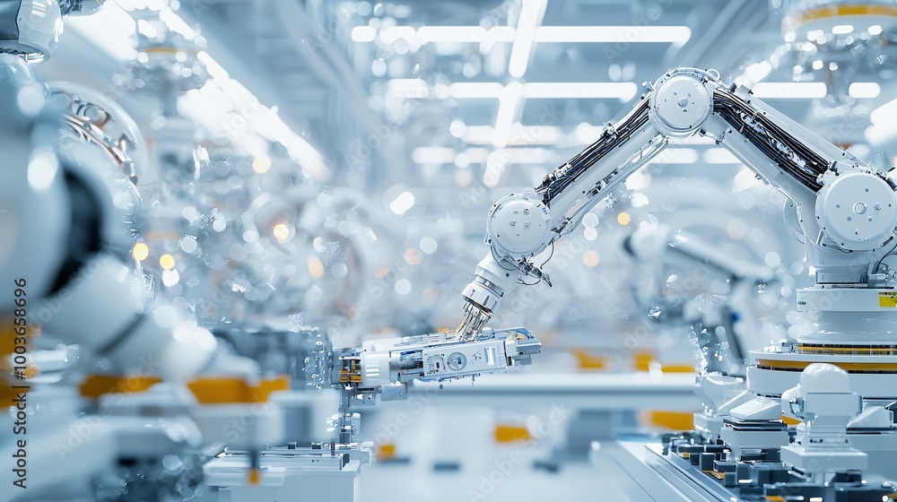 Poster a futuristic ai-powered factory with robotic arms building complex machinery, symbolizing automation