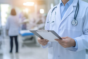 A male doctor in a white coat, holding a clipboard and standing confidently in a clean, bright clinic room with medical equipment behind