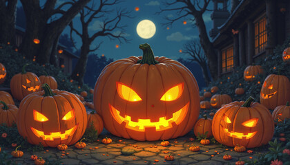 Fototapeta premium Halloween illustration with glowing pumpkings jack-o-lanterns