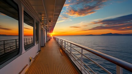a scenic view from the deck of a ship during sunset. The deck has a wooden floor and is lined with a railing on the right side, overlooking the ocean. On the left side, there are large windows reflect