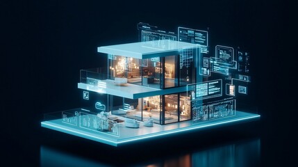 Obraz premium An AI-powered smart home with holographic displays, symbolizing the seamless integration of AI into daily life