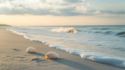 Photography of a calm beach scene with seashells on the sand, gentle waves, and a hazy