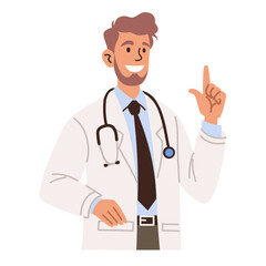 Fototapeta premium Flat vector illustration on white background. Cute doctor in white coat is pointing with his finger. Vector illustration