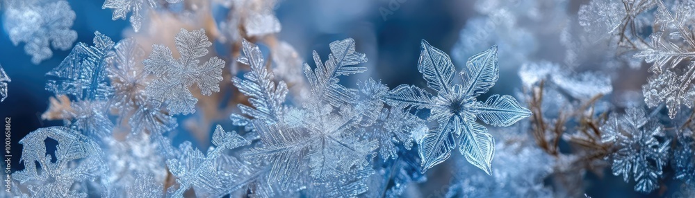 Poster a close-up of intricate snowflakes on a blue background, showcasing unique patterns and the beauty o