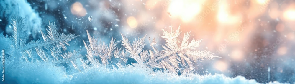 Poster A beautiful close-up of a snowflake resting on a snowy surface, showcasing intricate patterns and a serene winter atmosphere.