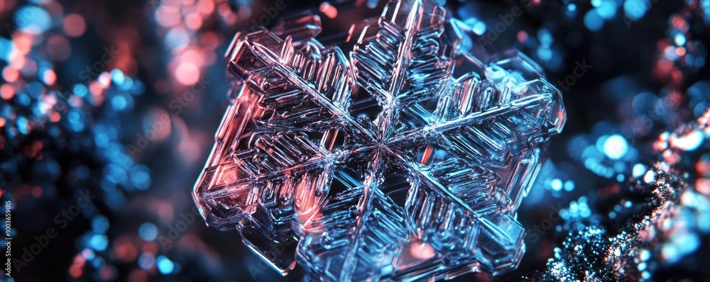 Poster a stunning close-up of a crystal snowflake, showcasing intricate patterns and reflections in a vibra