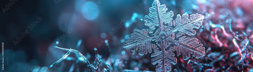 Poster close-up of a delicate snowflake glistening in a winter setting, showcasing intricate details and a 