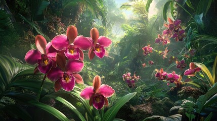 A vibrant tropical rainforest scene with wild orchids growing among lush foliage, highlighting the beauty of biodiversity.