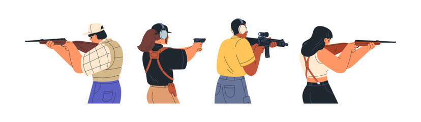 Shooting with gun, firearm set. Male and female shooters firing, aiming with rifle, pistol, shotgun and handgun. People with weapon from behind. Flat vector illustration isolated on white background