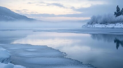 Obraz premium A serene winter landscape featuring a frozen river, mist rising from the water, and tranquil snow-covered hills in the background.