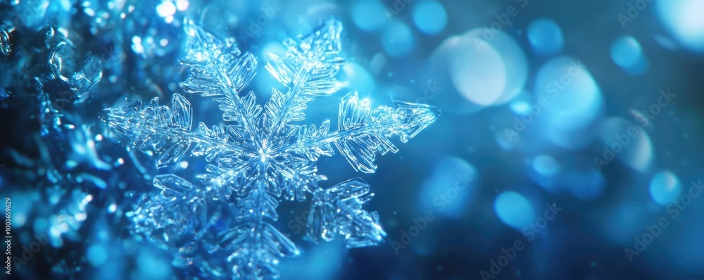 Poster beautiful close-up of a snowflake glistening in blue light, creating a serene winter atmosphere perf