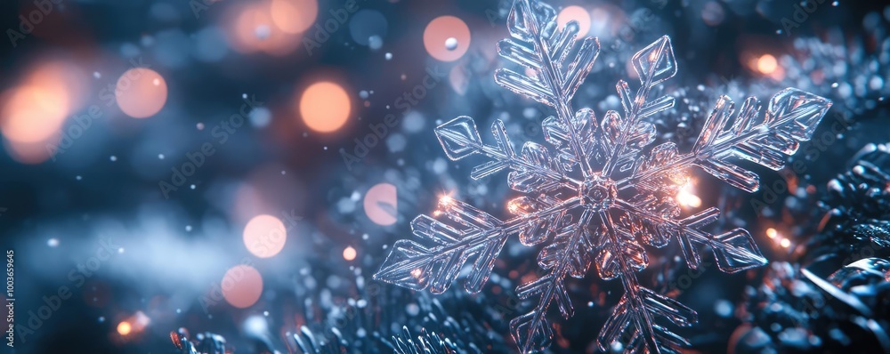 Poster a close-up view of a snowflake surrounded by soft, glowing lights, capturing the essence of winter's
