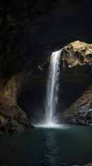Naklejka premium a waterfall coming out of a cave into a body of water