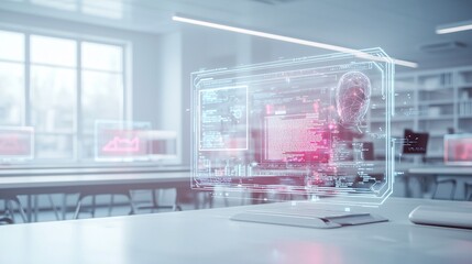 A futuristic AI-powered classroom with holographic teachers and interactive learning tools, symbolizing education revolutionized by AI
