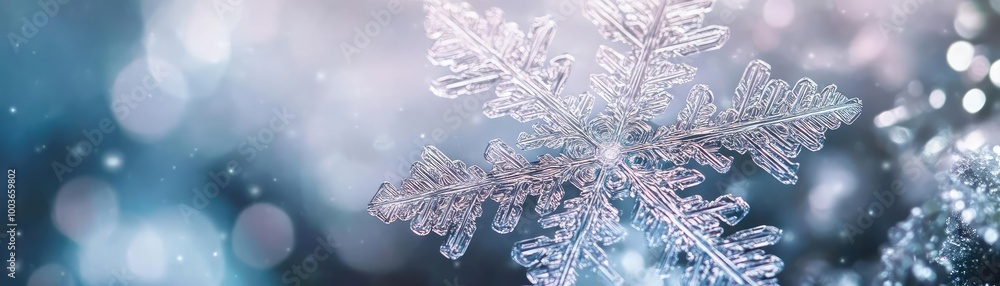 Poster a beautiful close-up of a delicate snowflake surrounded by shimmering bokeh, perfect for winter-them