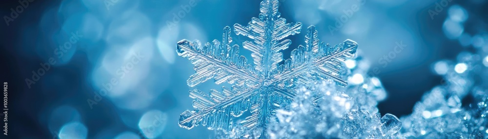 Poster A close-up view of a delicate snowflake resting on ice, showcasing intricate patterns against a shimmering blue background.