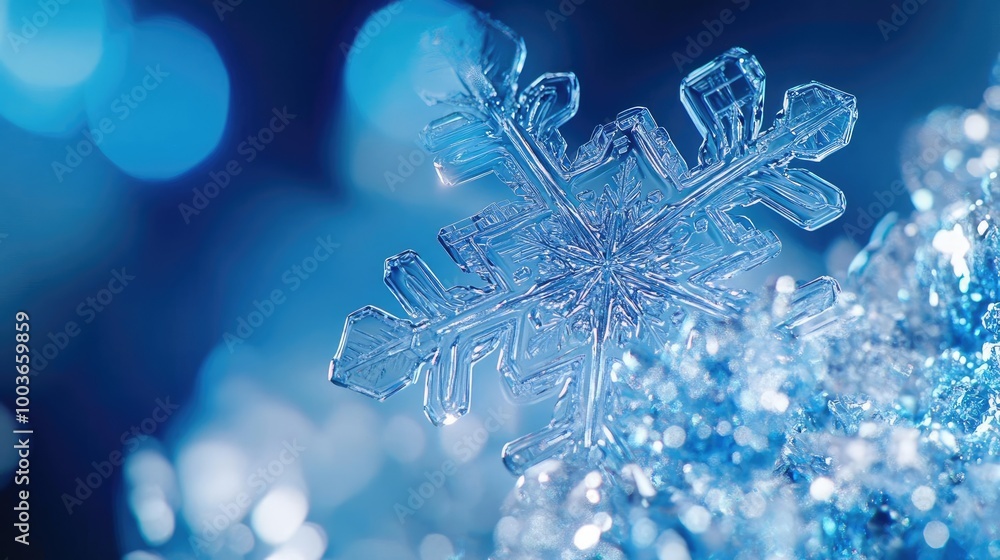Poster Close-up of a sparkling snowflake on a shimmering surface, showcasing intricate details against a soft blue backdrop.