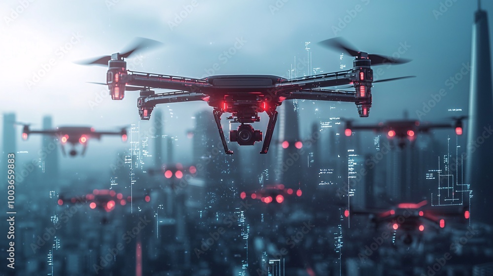 Aufkleber an ai-powered drone swarm forming a protective shield around a critical infrastructure, symbolizing 