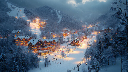 snowy mountain village winter landscape with illuminated chalets and ski lifts at night