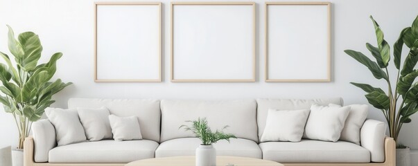 Stylish living room with a white sofa and indoor plants.