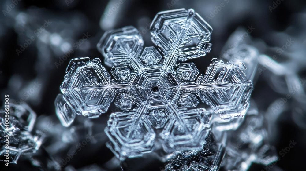 Poster A close-up view of a pristine snowflake showcasing intricate crystal patterns against a dark backdrop, highlighting nature's beauty.