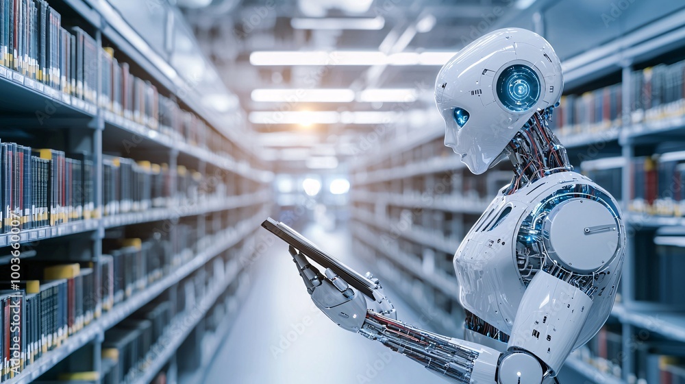 Poster an ai-powered robot librarian organizing a vast digital library, symbolizing knowledge management th