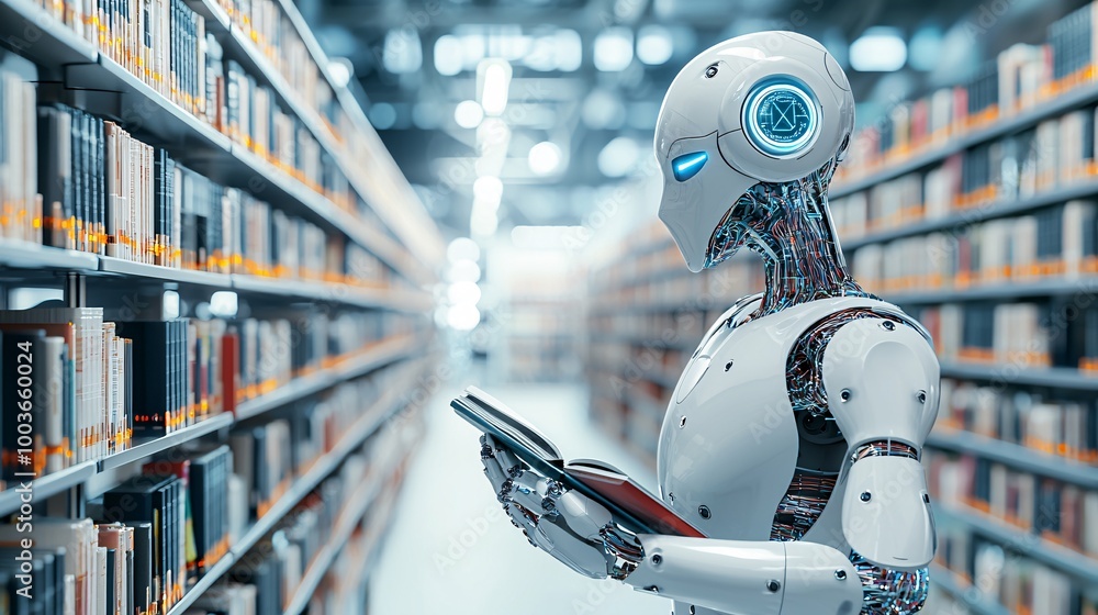 Poster an ai-powered robot librarian organizing a vast digital library, symbolizing knowledge management th