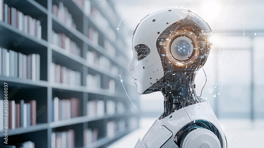 Poster an ai-powered robot librarian organizing a vast digital library, symbolizing knowledge management th