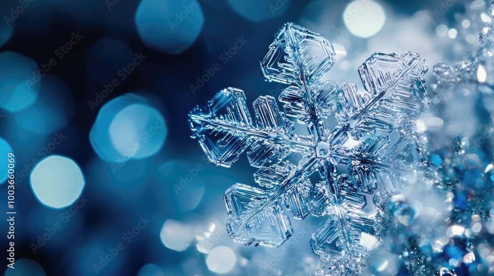 Poster close-up of a beautiful snowflake against a dreamy blue background, showcasing intricate details and