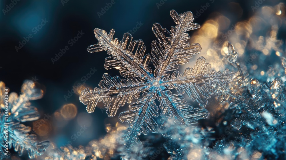 Poster Close-up of a delicate snowflake with intricate patterns, set against a shimmering backdrop of frost and soft blue light.