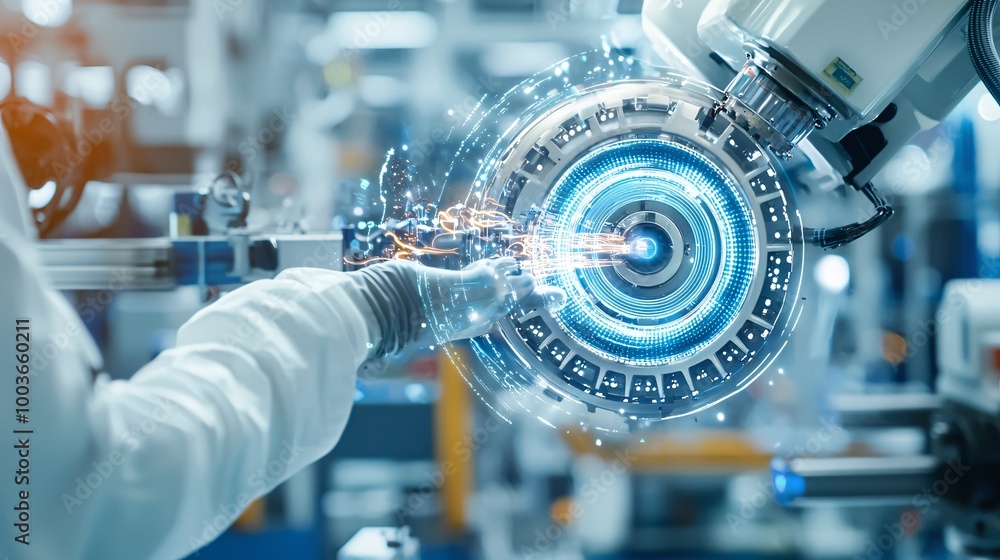 Poster an ai-powered robotic arm assembling a complex piece of machinery with precision, symbolizing the fu