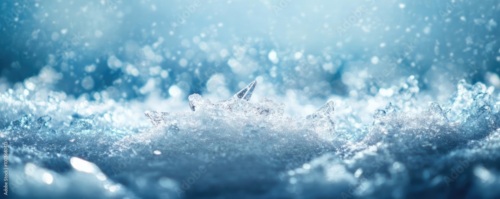 Poster a tranquil scene of water droplets splashing amidst a soft blue background, creating a serene and re