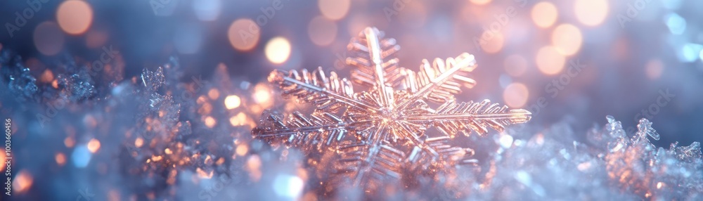 Poster Delicate snowflake resting on shimmering ice, creating a magical winter scene with soft bokeh lighting effects.