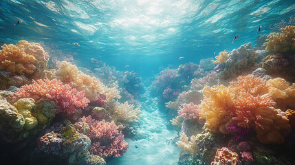 Obraz premium vibrant coral reef underwater with sunlight and fish in tropical ocean