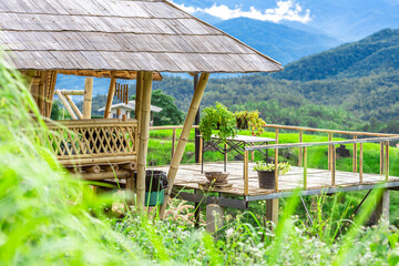 Natural background on the mountain with green rice terraces. Pa Bong Piang is one of the beautiful viewpoints in Chiang Mai, Thailand, overlooking the surrounding mountains. It is always popular.