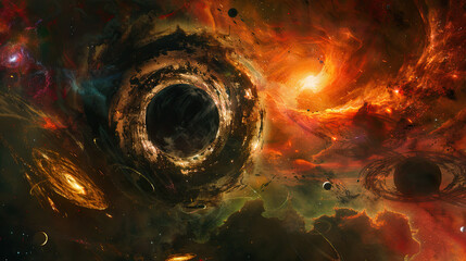 Cosmic scene with massive black hole at center, surrounded by swirling galaxies and distant stars, symbolizing the mysterious and powerful nature of black hole theory.