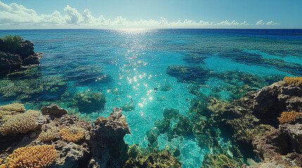 Obraz premium clear turquoise tropical ocean water with coral reefs and sun glint - aerial view