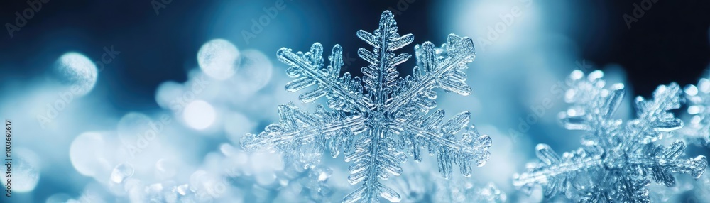 Poster Close-up of a beautiful snowflake glistening in the winter light, showcasing intricate patterns and textures.