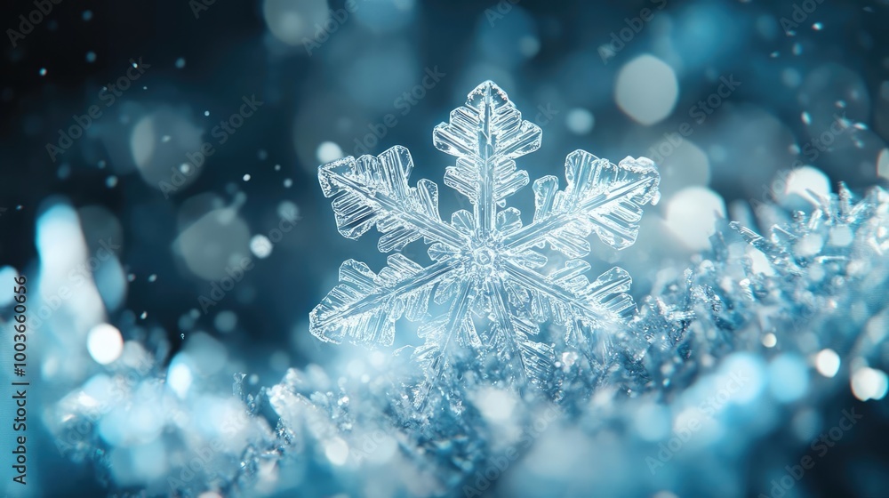 Aufkleber A close-up view of a delicate snowflake resting on shimmering frost, capturing the essence of winter's beauty.
