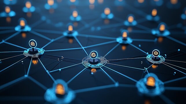 A glowing AI-powered social network with algorithms visualized as interconnected nodes, symbolizing digital connectivity and communication