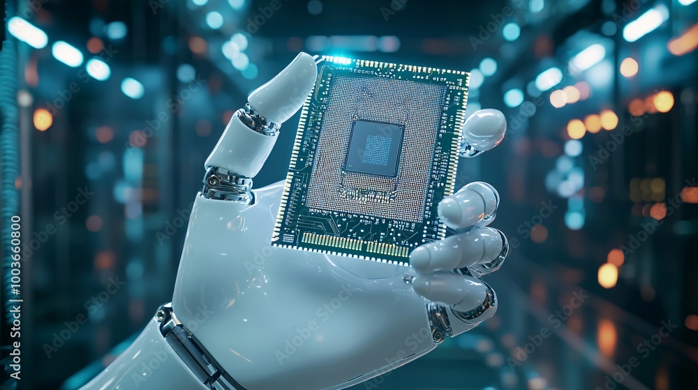 Poster a glowing ai-powered robotic hand holding a microchip, symbolizing the precision and advancement of 